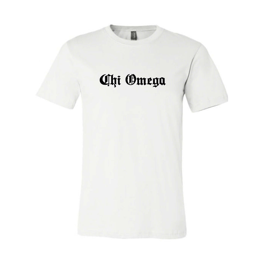 Ali & Ariel Old English Text Tee <br> (available for all organizations!) Chi Omega / Small