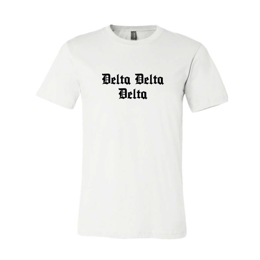 Ali & Ariel Old English Text Tee <br> (available for all organizations!) Delta Delta Delta / Small