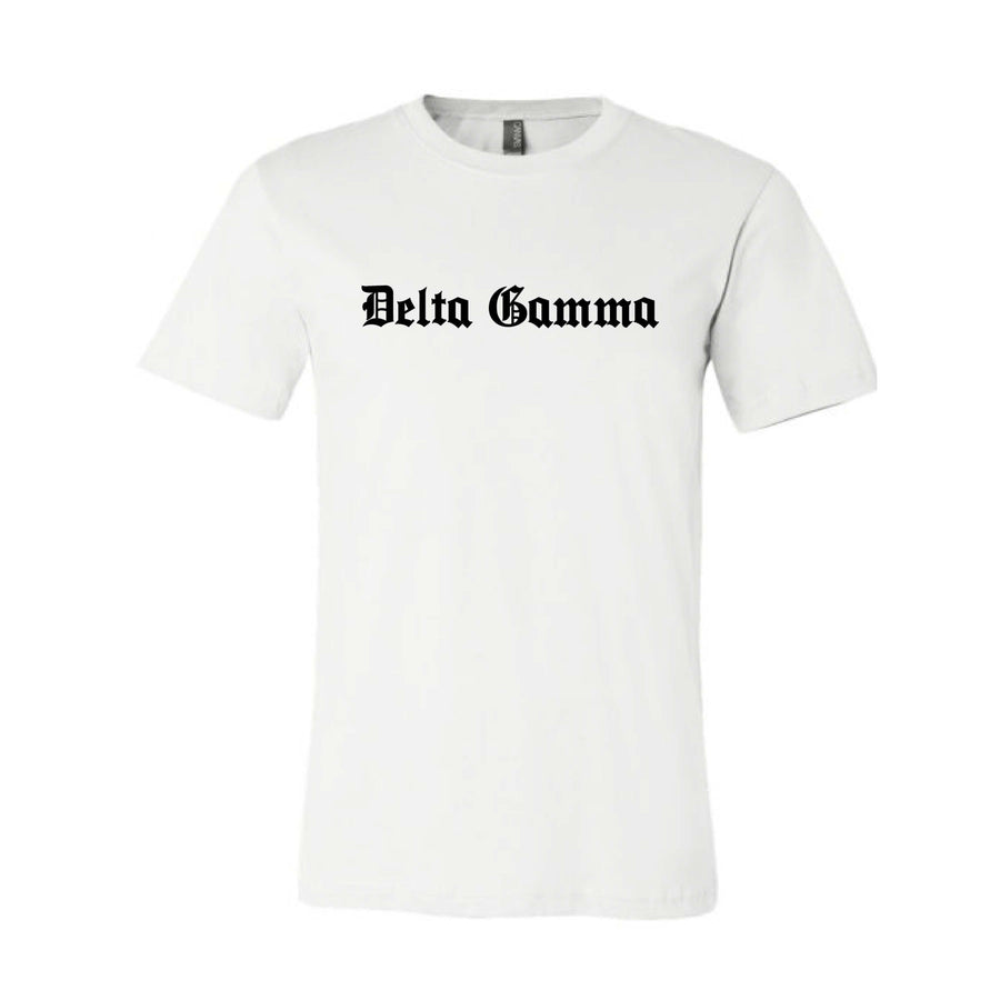 Ali & Ariel Old English Text Tee <br> (available for all organizations!) Delta Gamma / Small