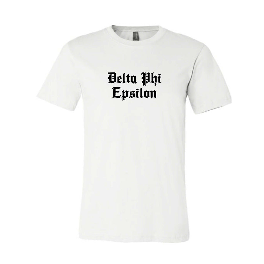 Ali & Ariel Old English Text Tee <br> (available for all organizations!) Delta Phi Epsilon / Small