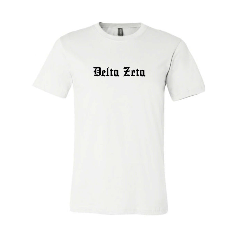 Ali & Ariel Old English Text Tee <br> (available for all organizations!) Delta Zeta / Small