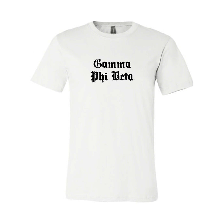 Ali & Ariel Old English Text Tee <br> (available for all organizations!) Gamma Phi Beta / Small