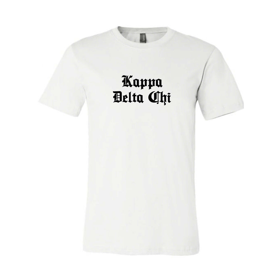 Ali & Ariel Old English Text Tee <br> (available for all organizations!) Kappa Delta Chi / Small