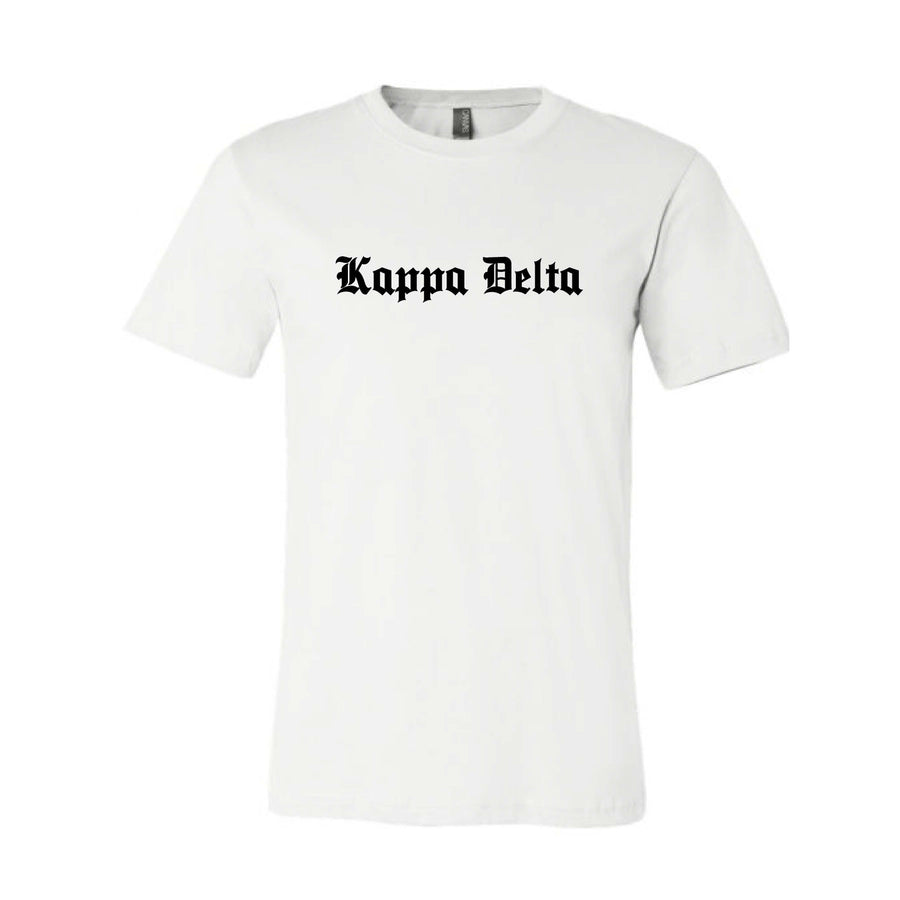 Ali & Ariel Old English Text Tee <br> (available for all organizations!) Kappa Delta / Small