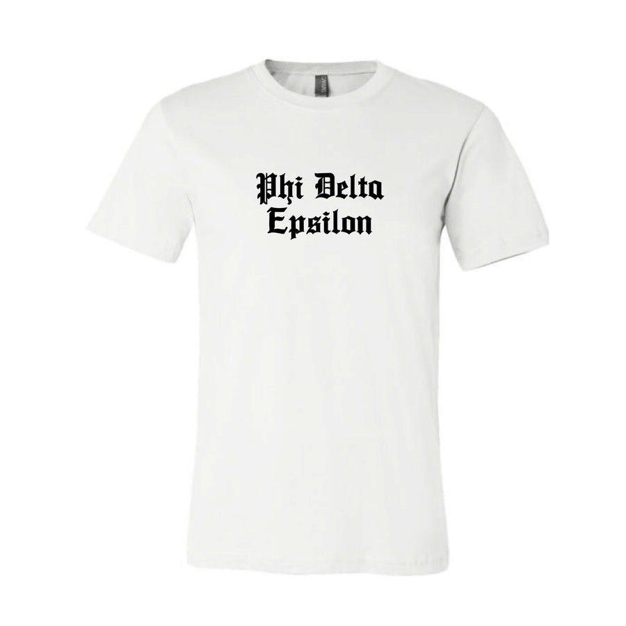 Ali & Ariel Old English Text Tee <br> (available for all organizations!) Phi Delta Epsilon / Small