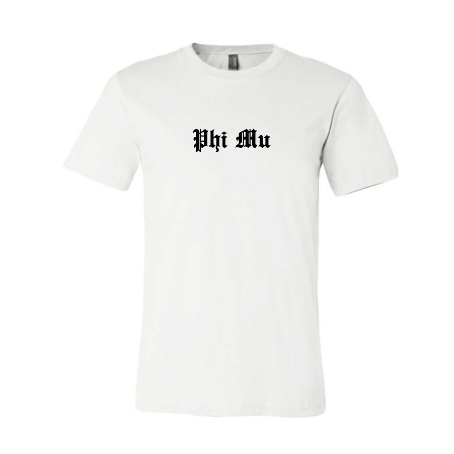 Ali & Ariel Old English Text Tee <br> (available for all organizations!) Phi Mu / Small