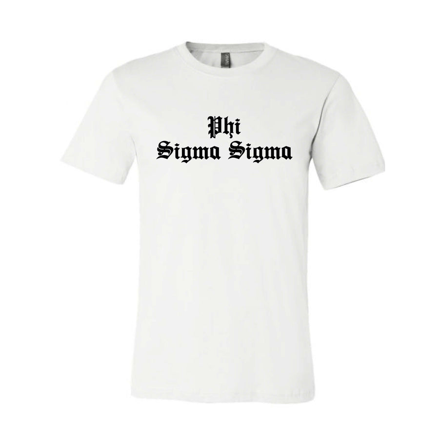 Ali & Ariel Old English Text Tee <br> (available for all organizations!) Phi Sigma Sigma / Small