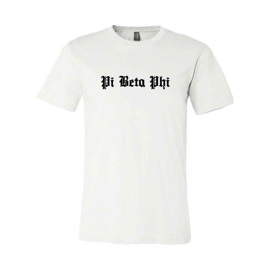 Ali & Ariel Old English Text Tee <br> (available for all organizations!) Pi Beta Phi / Small
