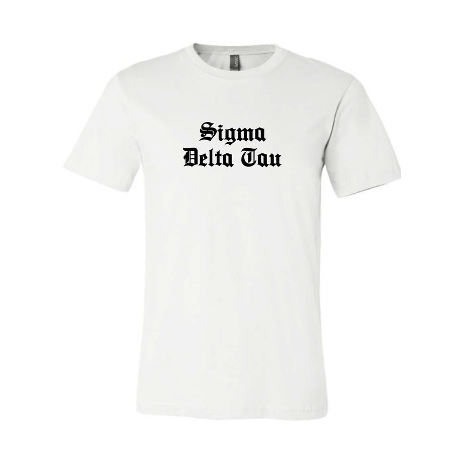 Ali & Ariel Old English Text Tee <br> (available for all organizations!) Sigma Delta Tau / Small