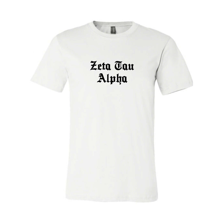 Ali & Ariel Old English Text Tee <br> (available for all organizations!) Zeta Tau Alpha / Small