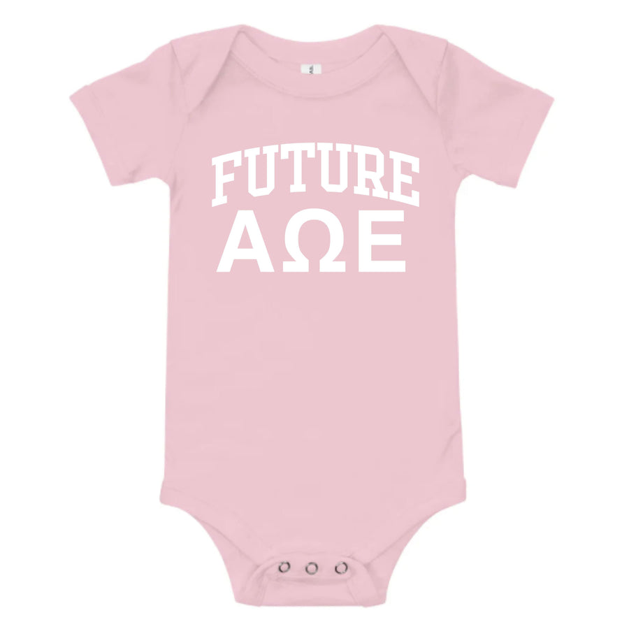 Ali & Ariel Pink Baby Onesie <br> (sororities A-D) Alpha Omega Epsilon / 3-6 Months