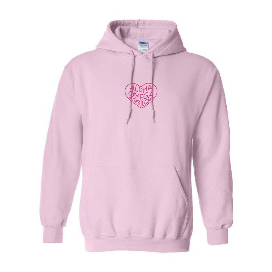 Ali & Ariel Pink on Pink Embroidered Heart Hoodie <br> (sororities A-D) Alpha Omega Epsilon / Small