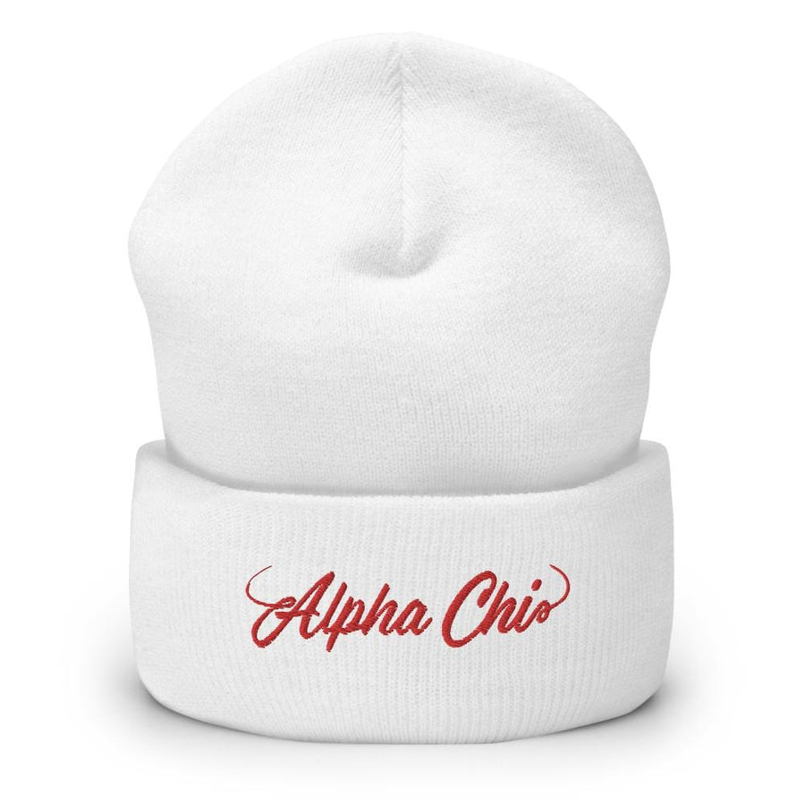 Ali & Ariel Red Cursive Embroidered Beanie <br> (available for all sororities) Alpha Chi Omega