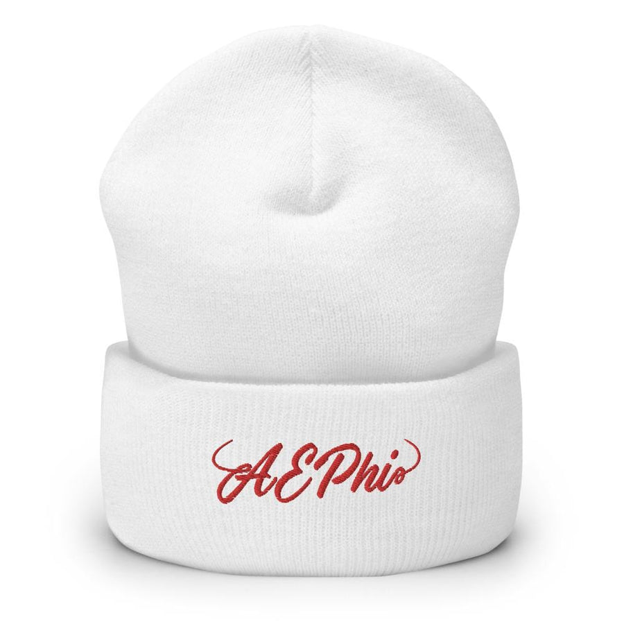 Ali & Ariel Red Cursive Embroidered Beanie <br> (available for all sororities) Alpha Epsilon Phi