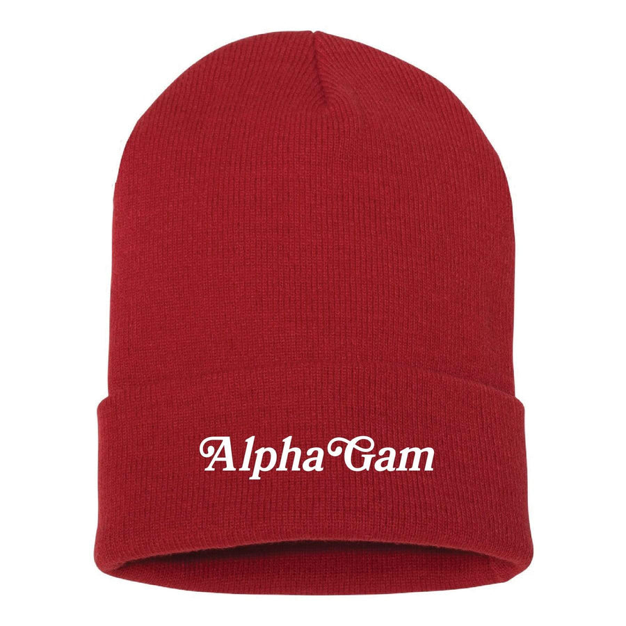 Ali & Ariel Red Embroidered Beanie <br> (available for all sororities) Alpha Gamma Delta