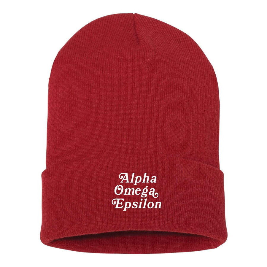 Ali & Ariel Red Embroidered Beanie <br> (available for all sororities) Alpha Omega Epsilon