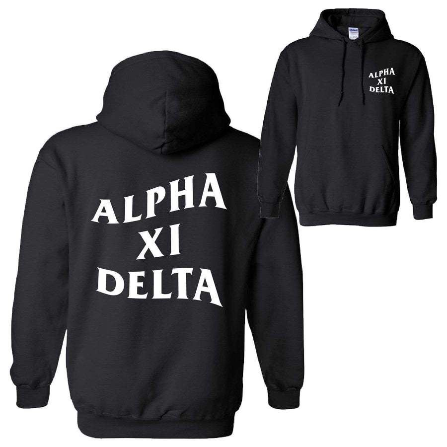 Ali & Ariel Warped Hoodie <br> (available for multiple organizations!) Alpha Xi Delta / Small