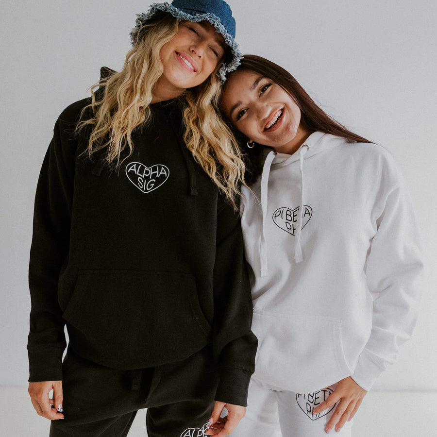 Ali & Ariel White Embroidered Heart Hoodie  <br> (sororities A-D)