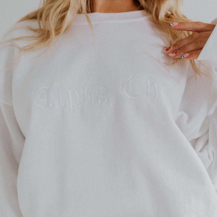 Ali & Ariel White Embroidered Old English Fleece <br> (sororities A-D)